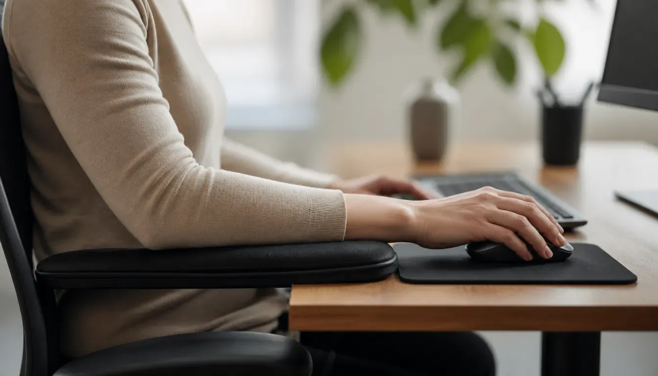 Schreibtisch-Nahaufnahme mit einem breiten Stoff-Mauspad, einer ergonomischen Unterarmstütze aus Memory-Foam und einer Hand in neutraler, flach aufgelegter Handgelenkposition