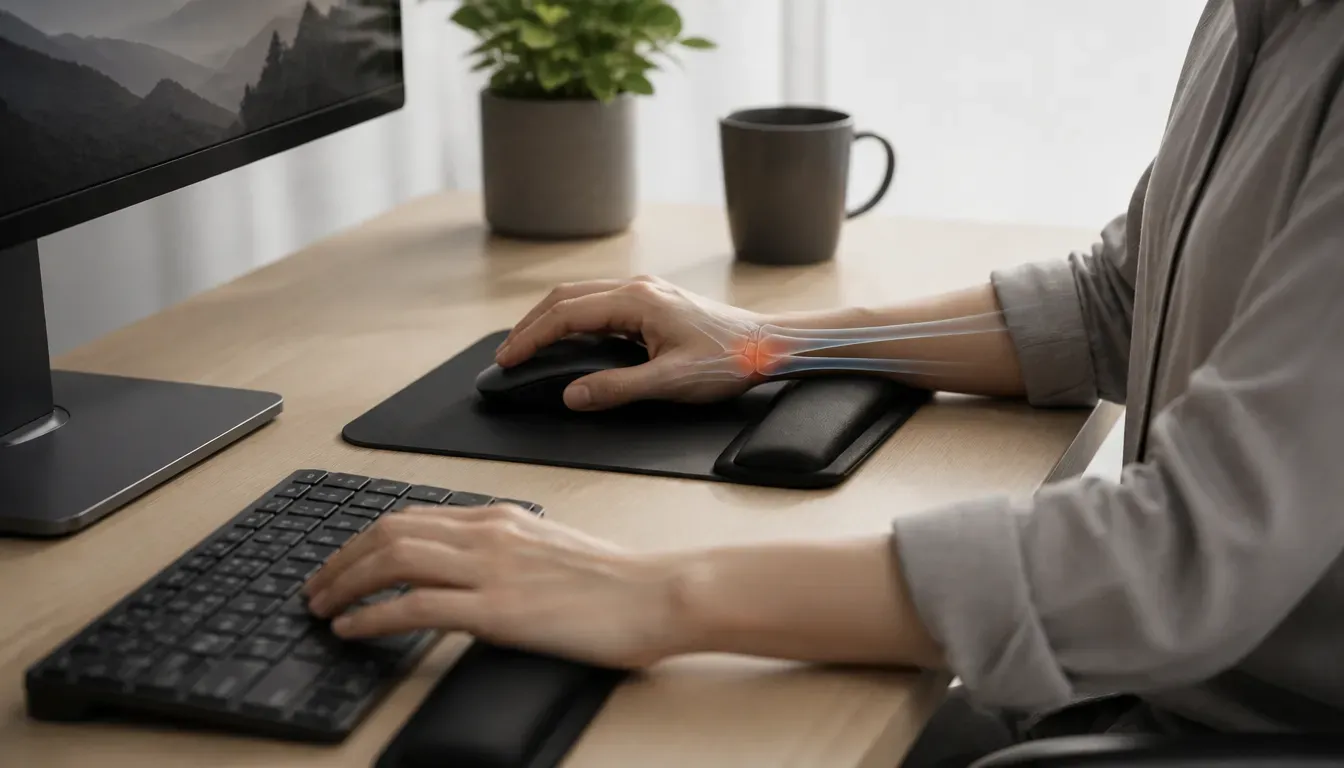 Ergonomischer Schreibtischausschnitt mit einem breiten Mauspad, einer Gel-Handgelenkauflage aus Memory-Schaum und einer Computermaus in neutraler Handgelenkposition