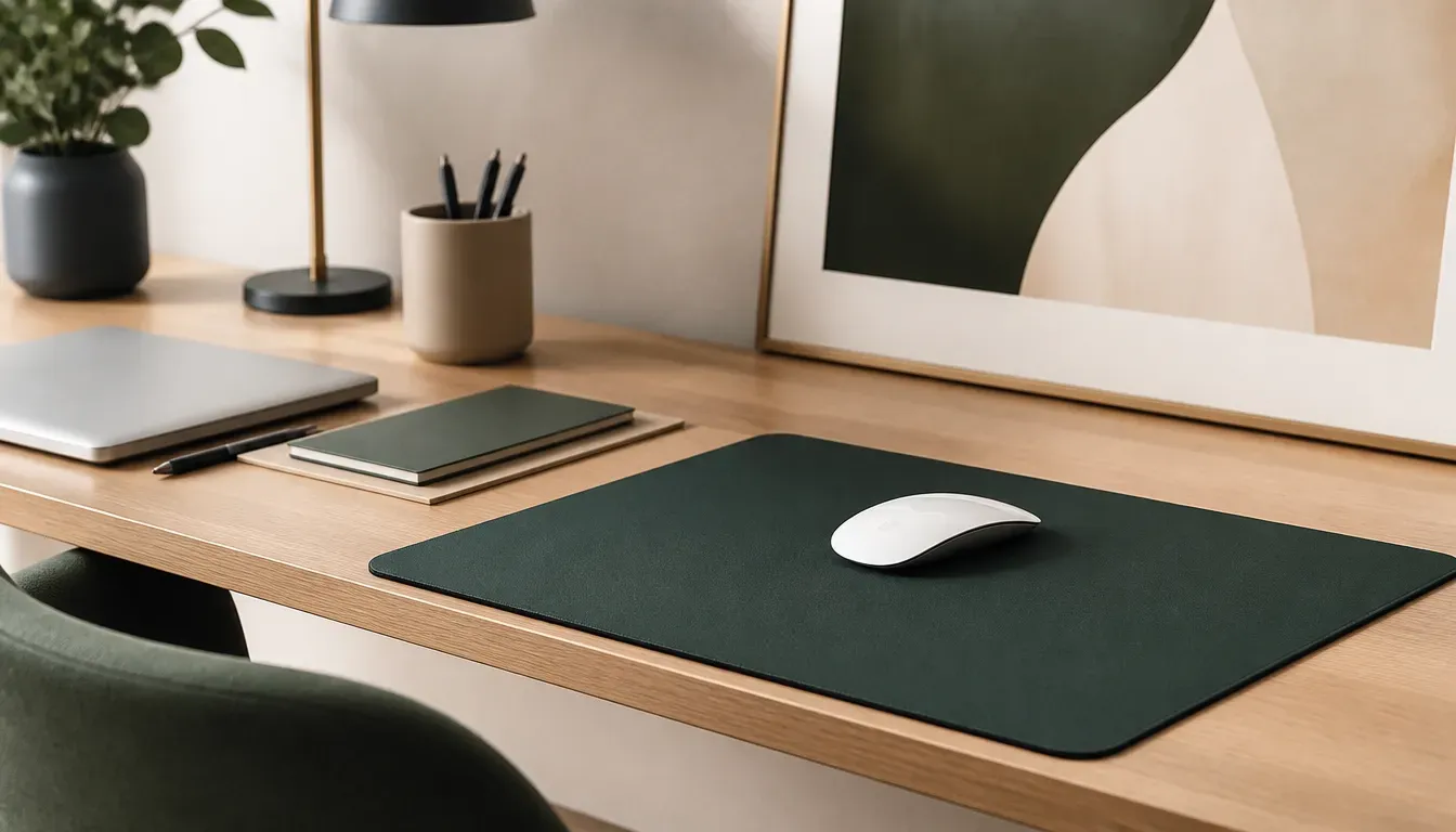 Aufgeräumter Homeoffice-Schreibtisch mit einem großen, dunkelgrünen Stoff-Mauspad, Tastatur, Maus und einer kleinen Pflanze im Tageslicht