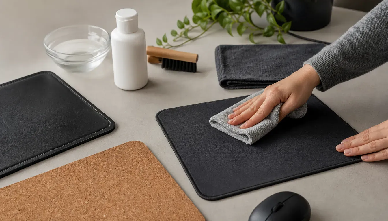 Hände reinigen ein großes Textil-Mauspad mit einem feuchten Schwamm und milder Seife auf einem hellen Holzschreibtisch, daneben ein Kork-Mauspad und ein Kunstleder-Mauspad