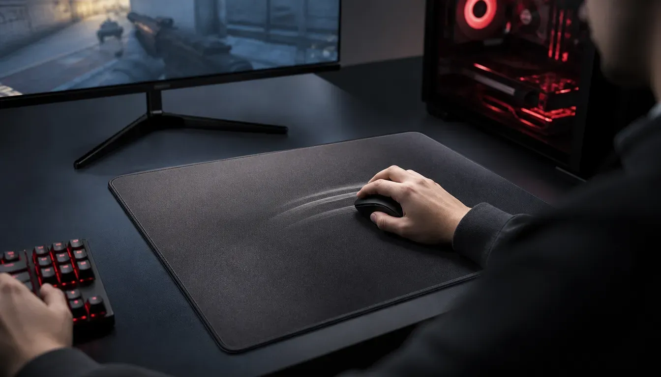 Großes Gaming-Mauspad im Format 900 x 400 mm auf einem Schreibtisch mit Gaming-Maus und Monitor im Hintergrund, sachliche Studiofotografie