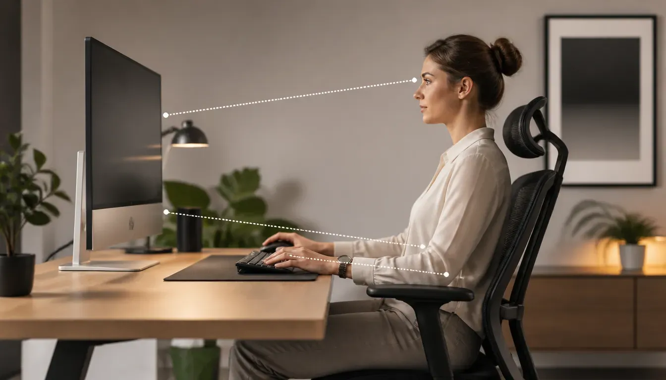 Ergonomisch eingerichteter Schreibtisch mit Monitor, Tastatur, Mauspad und verstellbarem Stuhl in Seitenansicht, Maßpfeile zeigen Abstände und Sitzhöhe